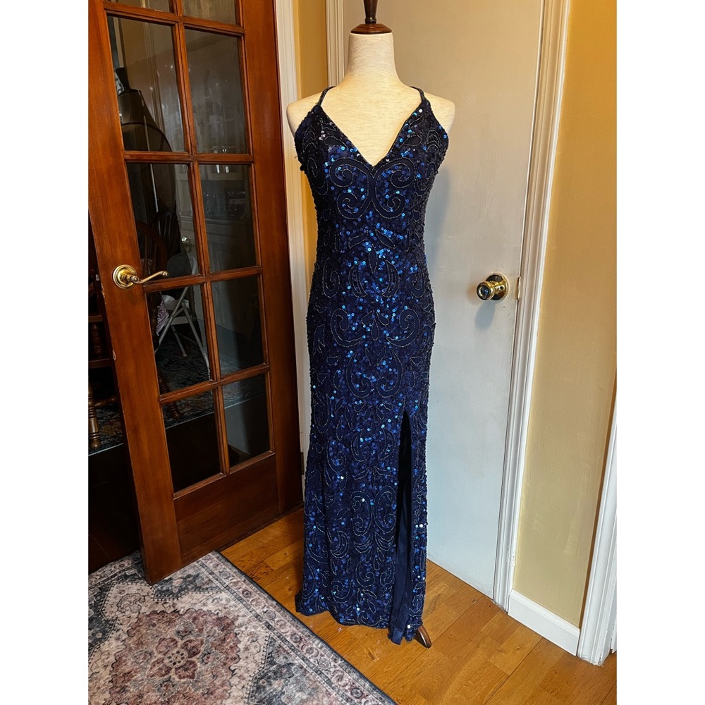 Primavera Fully Beaded and Sequined Blue Evening Gown Prom Dress